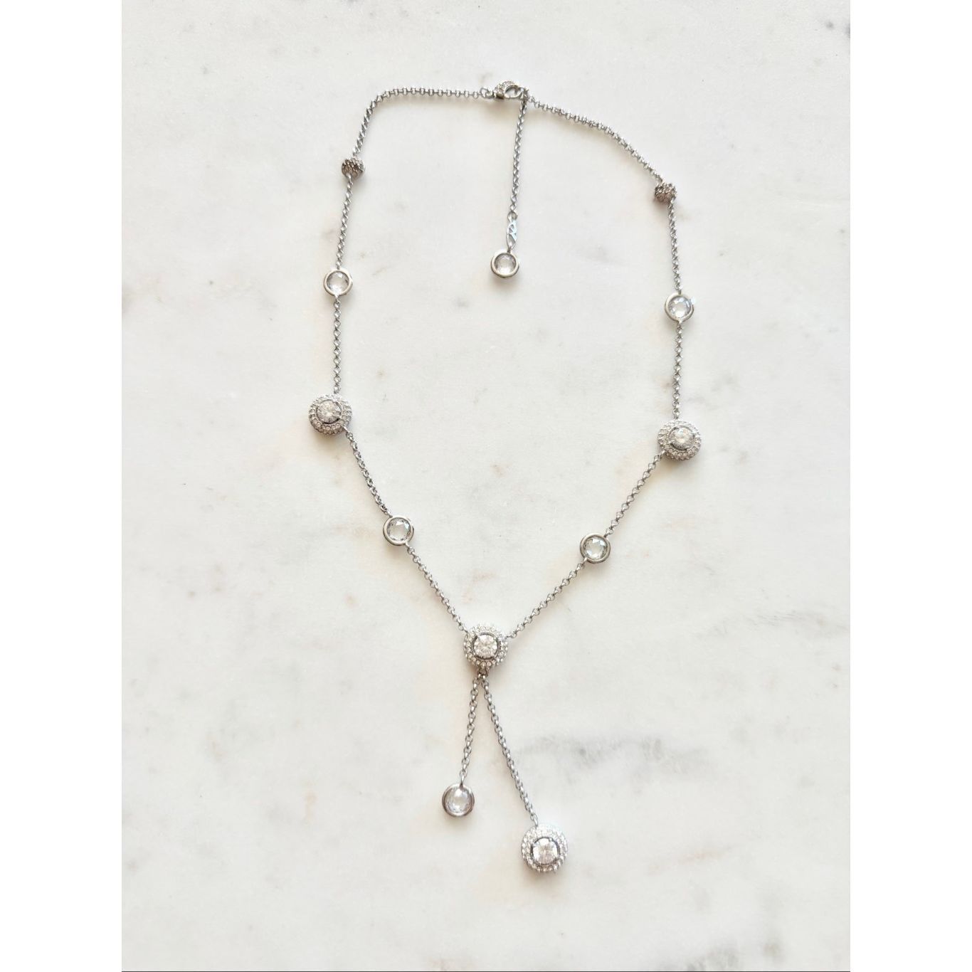 Nadri Silver-Tone Crystal Lariat Necklace Pav Halo Drop Elegant 125$